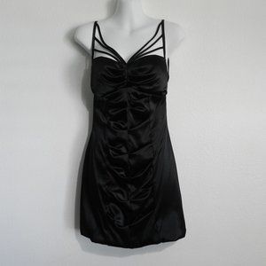 Windsor black satin criss cross open strap LBD special occasion dress